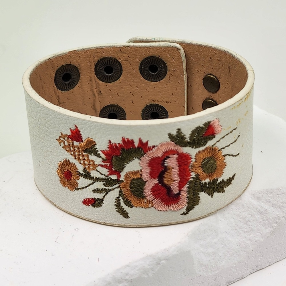 Plunder White Floral Embroidered Faux Leather Wide Cuff Bracelet Boho Statement